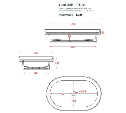 Раковина Artceram Fuori Scala 58х36 см встраиваемая без отверстия белый TFL033 01 00