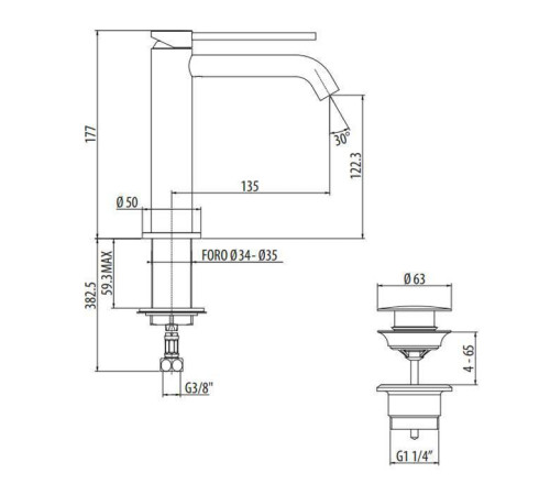 Смеситель для раковины Gattoni Circle Two высокий 177 мм с донным клапаном черный матовый 9144/91NO
