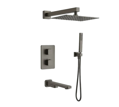 Душевая система Aquanet Savona с термостатом изливом и двумя душами оружейная сталь AQM8412GM