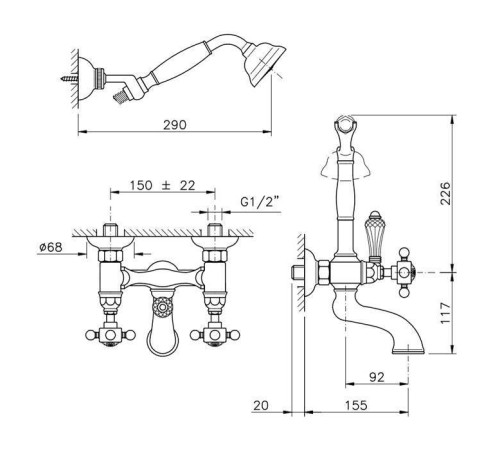 Смеситель для ванны с душем Nicolazzi Petit Mont Blanc настенный излив 155 мм хром 1402CR78