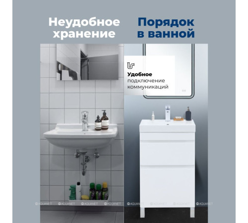 Тумба с раковиной Aquanet Слим 50 напольная 2 ящика белый сатин 00348176