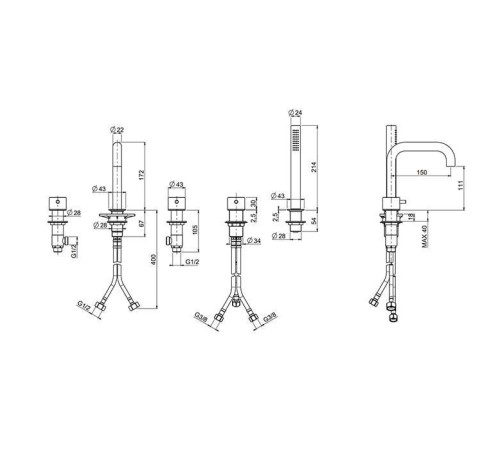 Смеситель на борт ванны на 5 отверстий QuadroDesign Source с ручным душем 1295AS