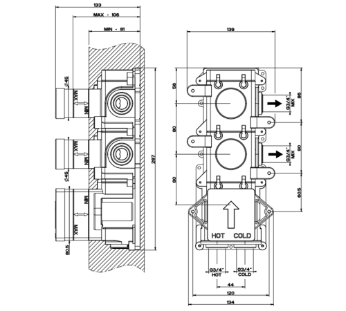 Внутренняя часть встраиваемого термостатического смесителя Gessi на 2 выхода 43103#031