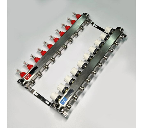 Коллекторная группа STOUT 1 x 10 выходов 3/4 с расходомерами и термостатическими вентилями без концевых групп нержавеющая сталь 450W4310