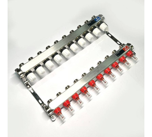 Коллекторная группа STOUT 1 x 10 выходов 3/4 с расходомерами и термостатическими вентилями без концевых групп нержавеющая сталь 450W4310