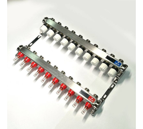 Коллекторная группа STOUT 1 x 10 выходов 3/4 с расходомерами и термостатическими вентилями без концевых групп нержавеющая сталь 450W4310