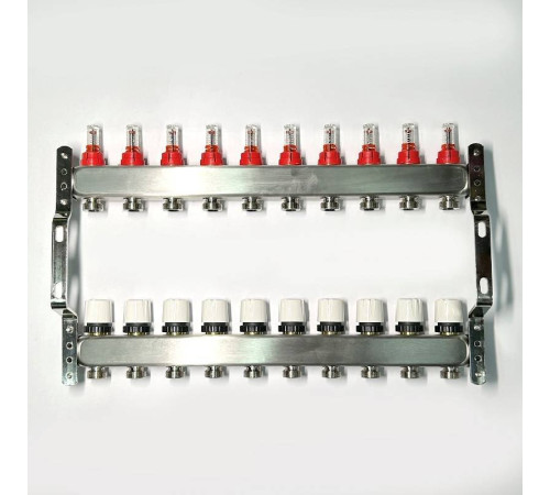 Коллекторная группа STOUT 1 x 10 выходов 3/4 с расходомерами и термостатическими вентилями без концевых групп нержавеющая сталь 450W4310