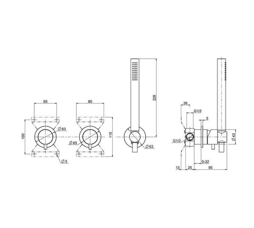 Смеситель для душа встраиваемый QuadroDesign Source на 2 потребителя с ручным душем brushed stainless steel 1368.00AS