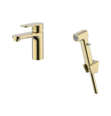 Смеситель для раковины Aquanet Ника с гигиеническим душем шлифованное золото AQ1812BG