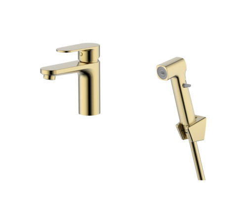 Смеситель для раковины Aquanet Ника с гигиеническим душем шлифованное золото AQ1812BG