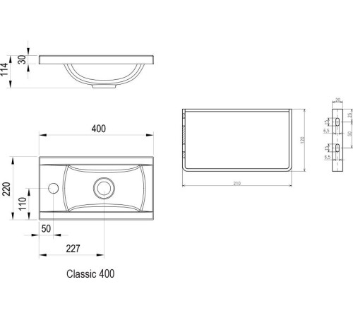 Умывальник RAVAK Classic 400 400x220 мм белый с отверстием XJD01140000