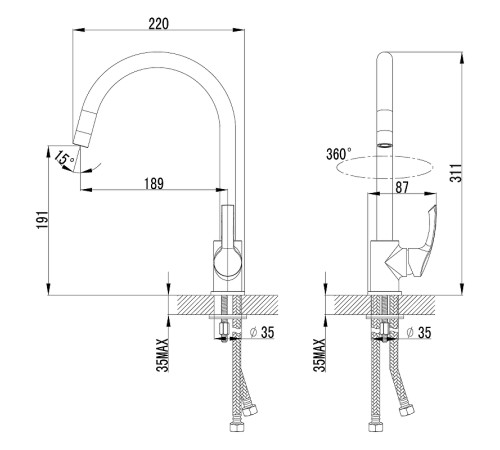 Смеситель для кухни Lemark Strike с высоким поворотным изливом 311 мм хром LM1105C