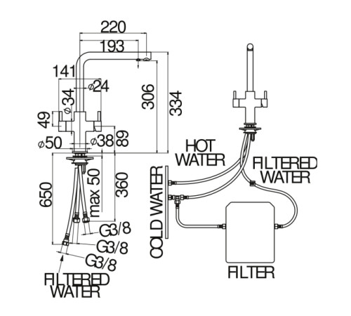 Смеситель для кухни Aquanet Acquerelli с подключением к фильтру питьевой воды AQ93823/3VCR