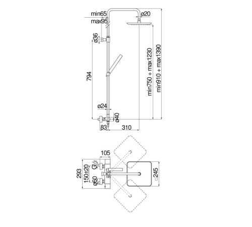 Душевая система термостатическая Nobili Seven SE124030/50CR верхний душ 24х24 см SE124030/50CR