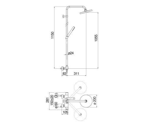 Душевая система термостатическая UP верхний душ 20 см хром UP94030/30CR