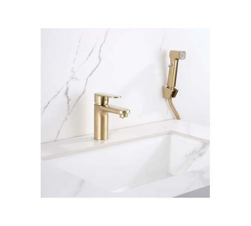 Смеситель для раковины Aquanet Ника с гигиеническим душем шлифованное золото AQ1812BG