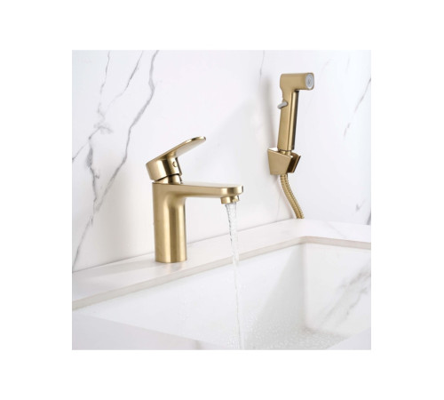 Смеситель для раковины Aquanet Ника с гигиеническим душем шлифованное золото AQ1812BG