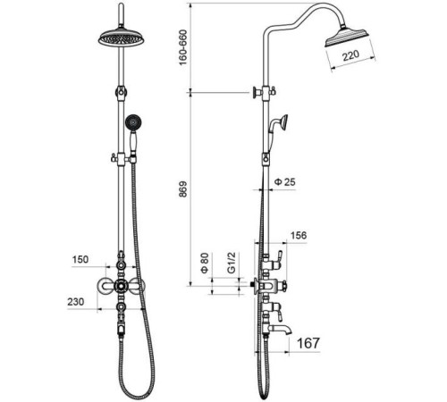 Душевая система Aquanet Классик AQ2543PG термостатическая с изливом 220 мм полированное золото AQ2543PG