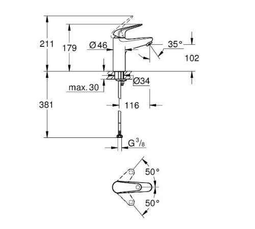 Смеситель для раковины GROHE Euroeco M-Size с донным клапаном хром 24267001