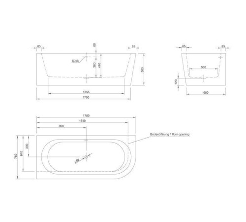 Ванна пристенная Knief Wall Corner R 180х80х60 см левая белая щелевой перелив УЦЕНКА 0100-277-R/0100-091-06