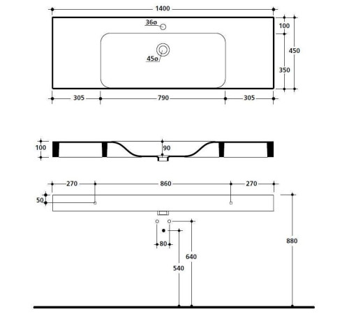 Раковина Kerasan Cento 140х45 см 1 отв. белый 353501
