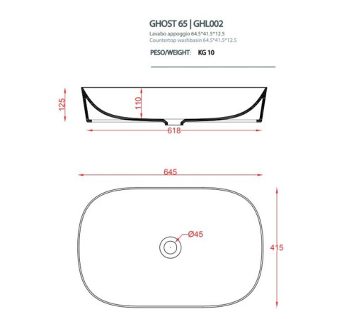 Раковина накладная Artceram Ghost 65х42 см без отверстия белая GHL002 01 00