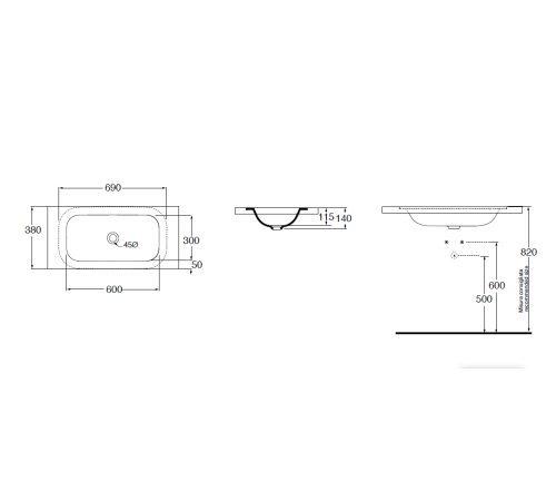 Раковина Azzurra Glaze 69х38 см без отверстия GLLT06938000BI