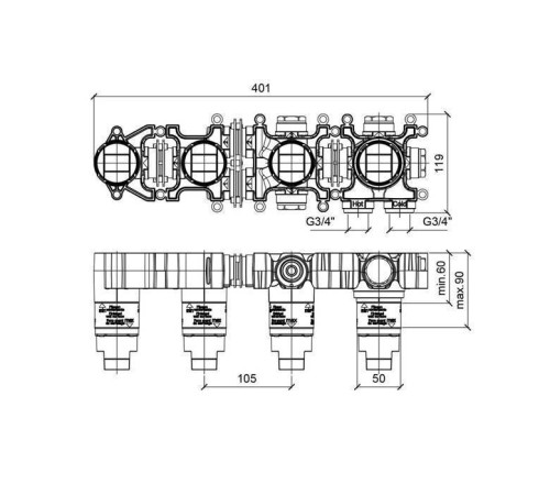 Внутренняя часть термостата Almar Modular на 2 потребителя горизонтальная E169003
