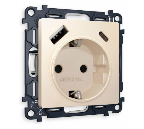 Розетка с заземлением и 2хUSB type A и C, без рамки Ambrella Volt Quant MA330010