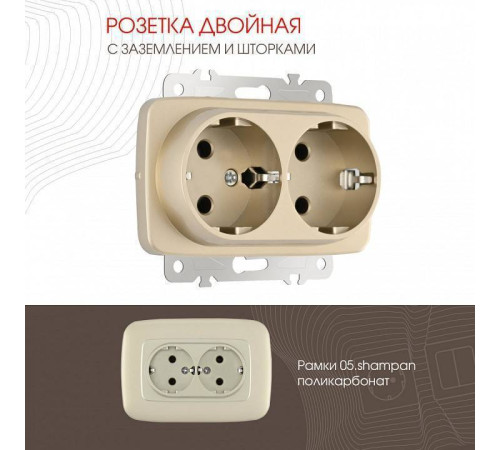 Розетка двойная с заземлением, без рамки Arte Milano am-205 205.40-2.shampan