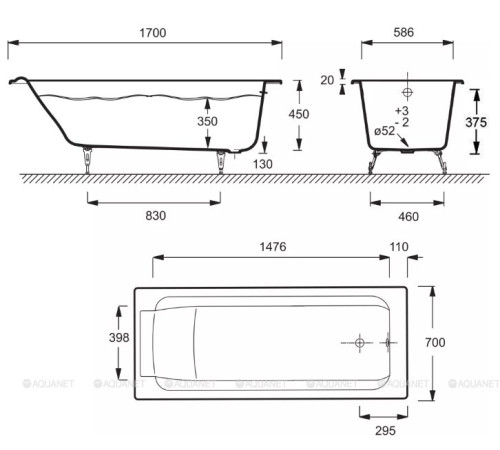 Ванна чугунная Jacob Delafon Parallel 170x70 см без отверстий для ручек E2947-S-00