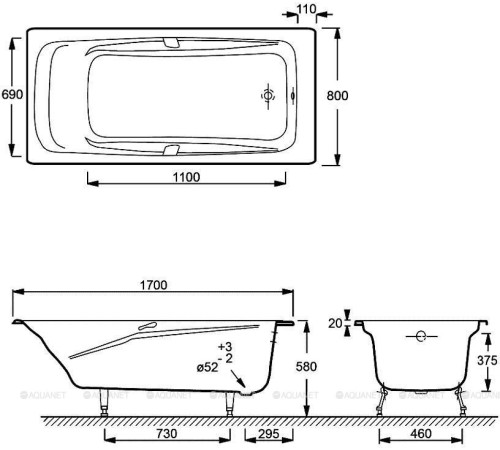 Ванна чугунная Jacob Delafon Repos 170x80 см с отверстиями для ручек E2915-00