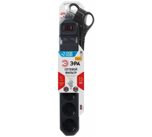 Удлинитель с выключателем Эра USF-5es-1.5m-USB-B
