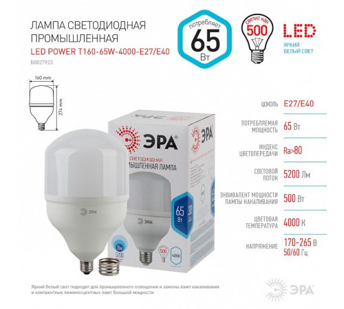 Лампа светодиодная Эра Стандарт LED POWER T160-65W-4000-E27/E40