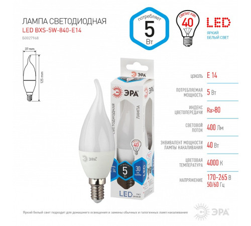 Лампа светодиодная Эра Стандарт LED BXS-5W-840-E14