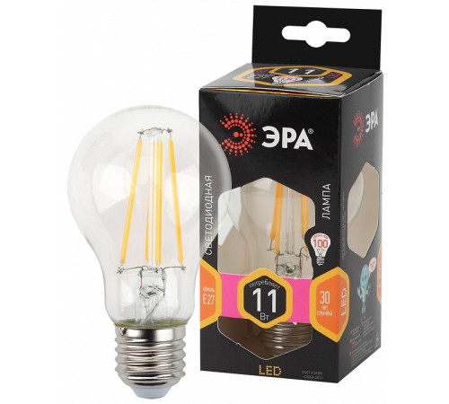 Лампа светодиодная филаментная ЭРА F-LED A60 11 Вт E27 2700 K F-LED A60-11W-827-E27