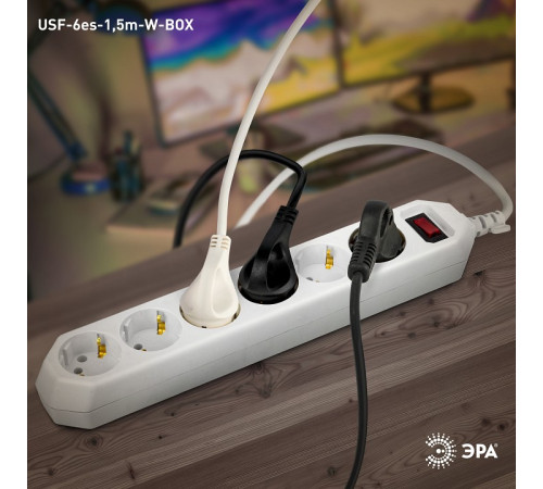 Удлинитель с выключателем Эра USF-6es-1,5m-W-BOX