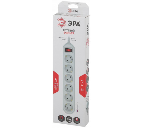 Удлинитель с выключателем Эра USF-6es-3m-W-BOX