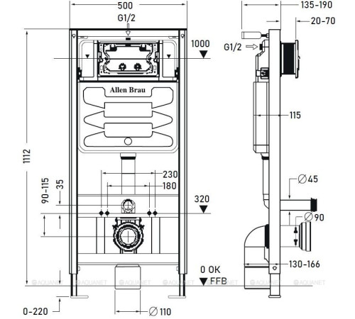 Инсталляция для подвесного унитаза Allen Brau PNEUMATIC 1112х115х500 мм 9.11100.20