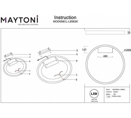 Накладной светильник Maytoni Rim 65 Вт 3000K черный MOD058CL-L65B3K