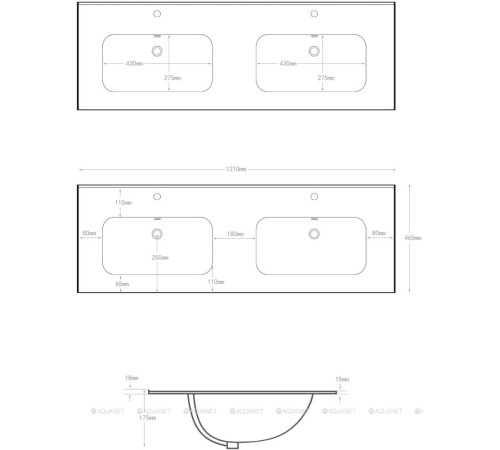Комплект 1 Раковина-столешница Aquanet Flat 120 двойная 00254367