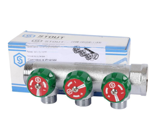 Коллектор регулирующий STOUT 3/4 3 отвода 1/2 плоское уплотнение SMB-6849-341203