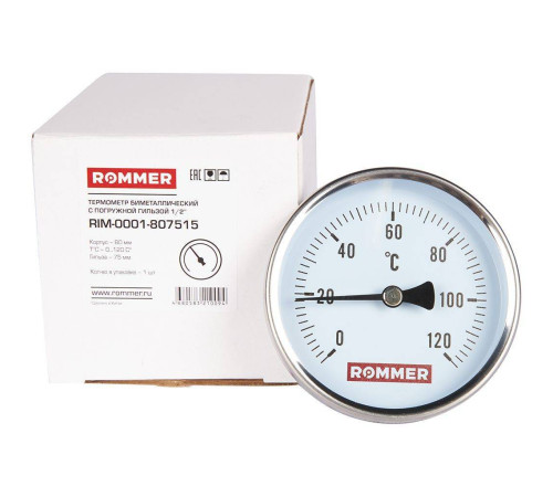 Термометр биметаллический аксиальный ROMMER 80/75 мм 1/2 0-120 °C RIM-0001-807515