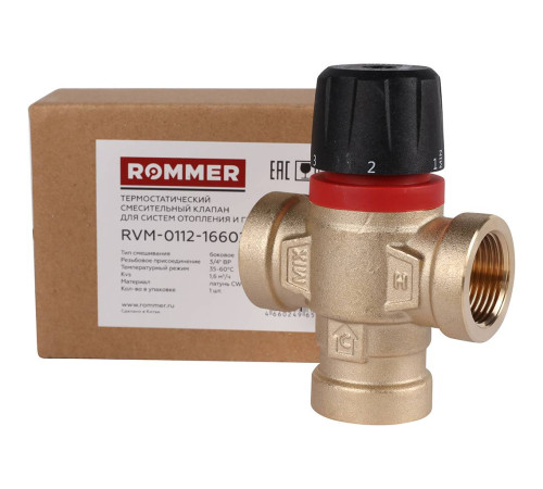 Клапан термостатический смесительный ROMMER 3/4 ВР 35-60 °С Kvs 1.6 боковое смешивание RVM-0112-166020