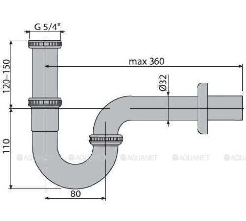 Сифон для умывальника AlcaPlast Ø32 мм U-образный цельнометаллический A4320