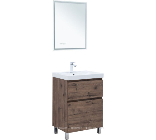 Тумба с раковиной Aquanet Алвита new 60 Flat напольная 2 ящика дуб веллингтон табак 00345676