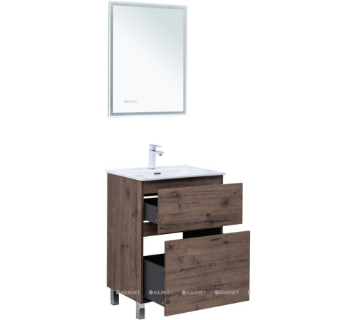 Тумба с раковиной Aquanet Алвита new 60 Flat напольная 2 ящика дуб веллингтон табак 00345676