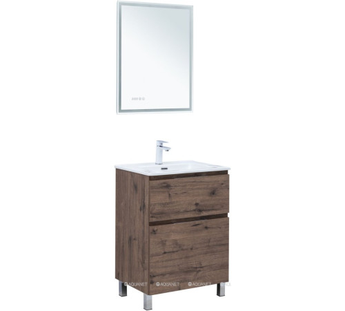 Тумба с раковиной Aquanet Алвита new 60 Flat напольная 2 ящика дуб веллингтон табак 00345676