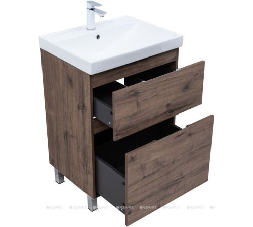 Тумба с раковиной Aquanet Алвита new 60 Flat напольная 2 ящика дуб веллингтон табак 00345676
