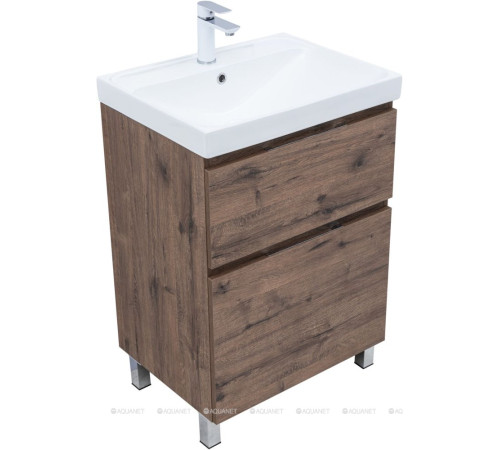 Тумба с раковиной Aquanet Алвита new 60 Flat напольная 2 ящика дуб веллингтон табак 00345676